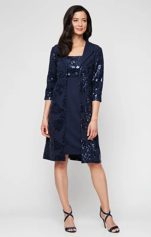 Short Stretch Scuba Crepe Jacket Dress with Sequined Bodice and Elongated Collared Jacket sold by Alex Evenings
