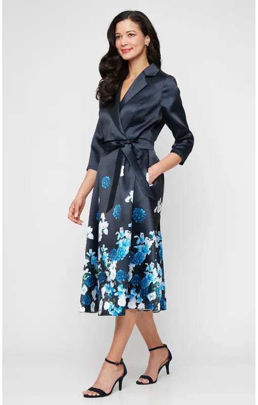 Regular - Printed Mikado Dress with Surplice Neckline, A-Line Skirt and Tie Waist sold by Alex Evenings