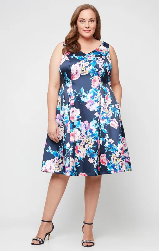 Plus - Midi Sleeveless Printed Stretch Faille A-Line Dress with V-Neckline sold by Alex Evenings