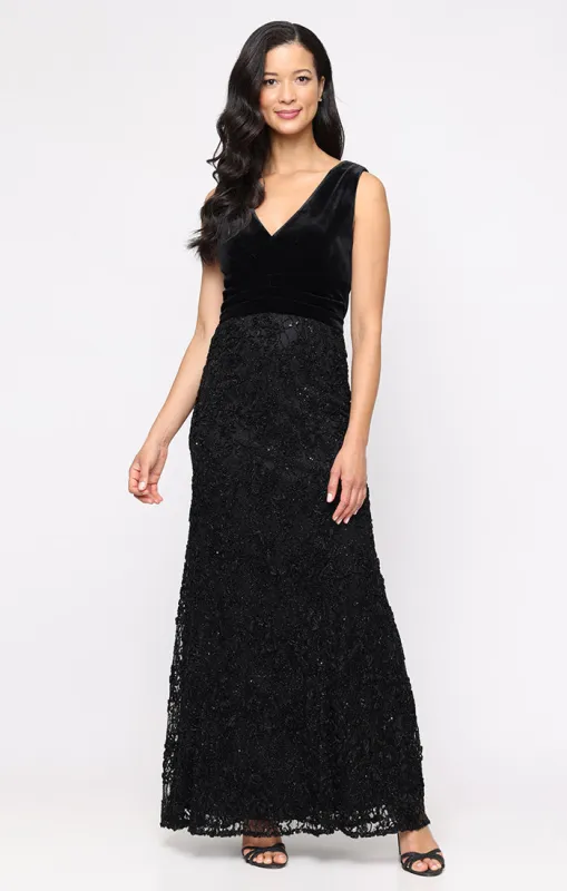 Petite Long Sleeveless V-Neck Dress with Soutache Skirt and Jersey Bodice sold by Alex Evenings