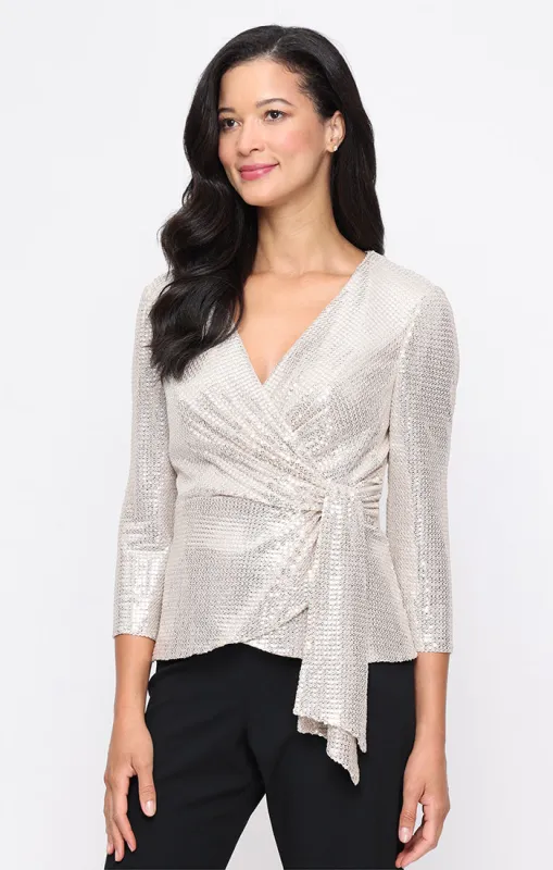 3/4 Sleeve Stretch Sequin Blouse with Surplice Neckline and Pull Through Waist Detail sold by Alex Evenings