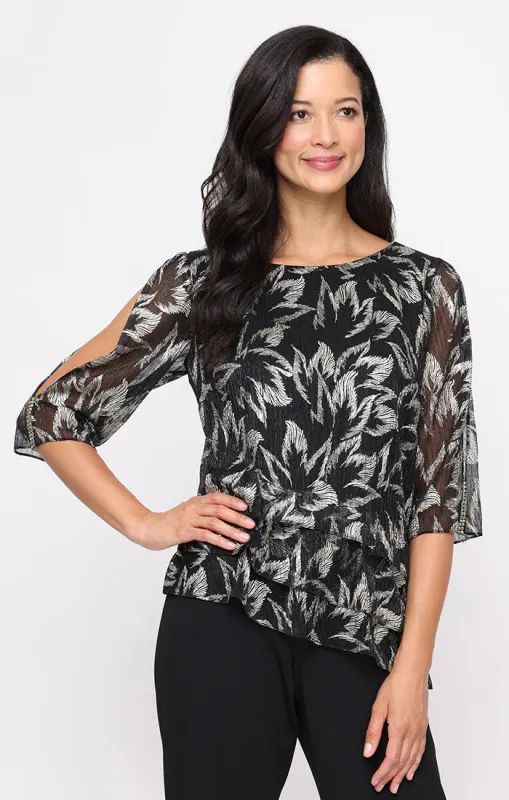 Petite 3/4 Sleeve Foil Bodre Blouse with Asymmetric Triple Tier Hem and Embellishment Detail on Sleeve sold by Alex Evenings