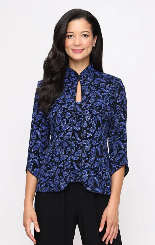 Printed Glitter Knit Twinset with Scoop Neck Tank and Mandarin Neck Closure Jacket sold by Alex Evenings