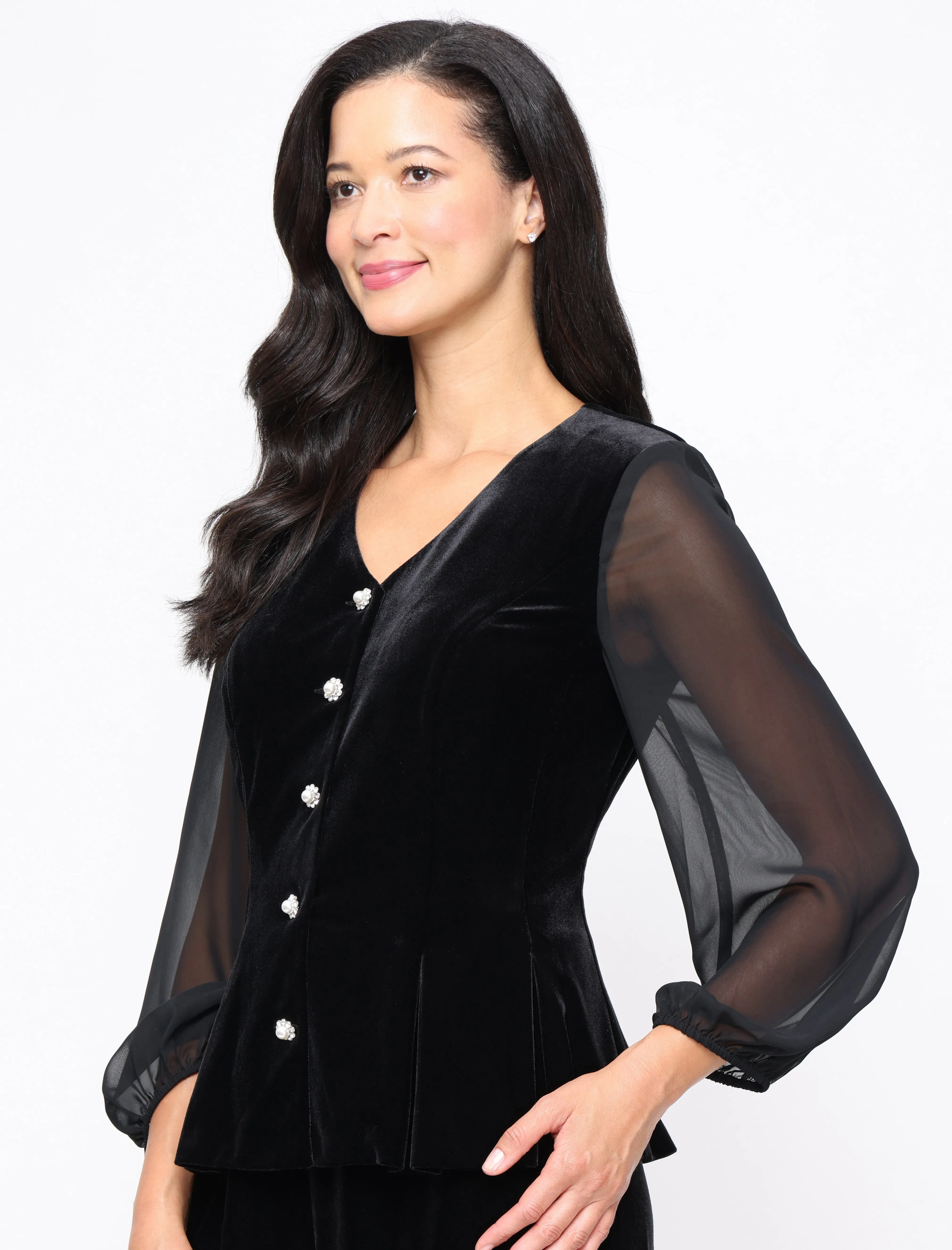 V-Neck Stretch Velvet Blouse with Center Front Closure and Illusion Sleeves sold by Alex Evenings product image thumbnail 2