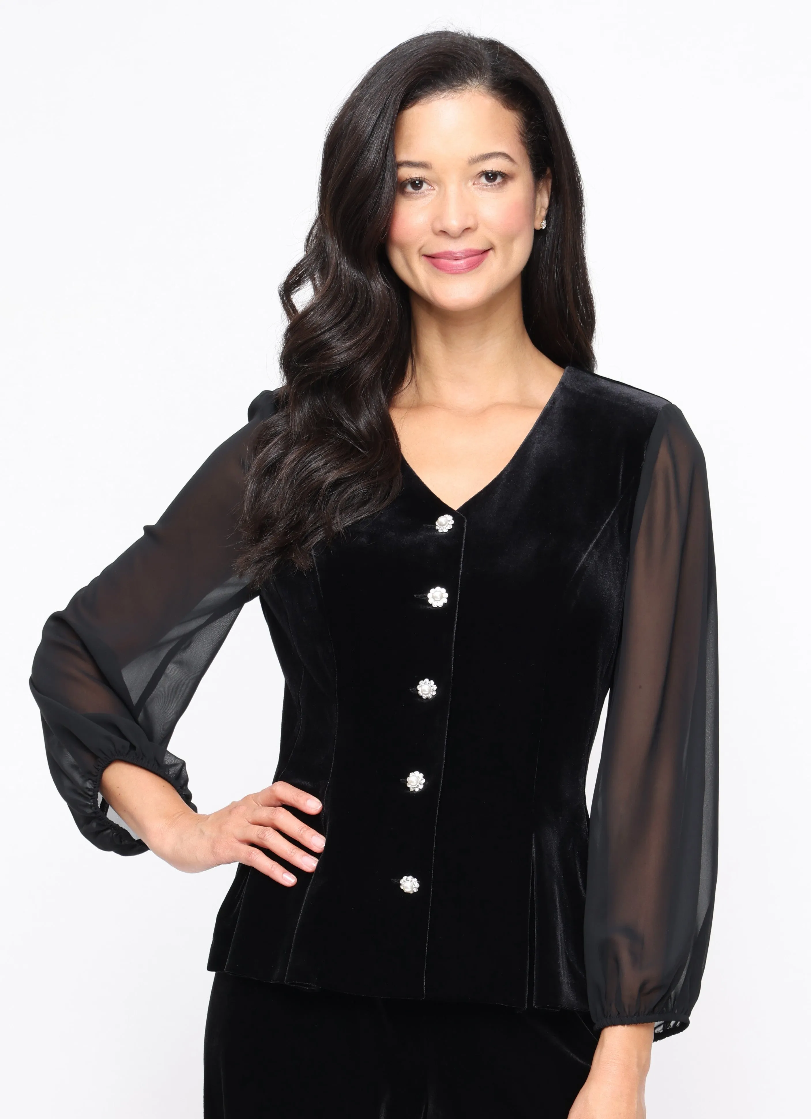 V-Neck Stretch Velvet Blouse with Center Front Closure and Illusion Sleeves sold by Alex Evenings