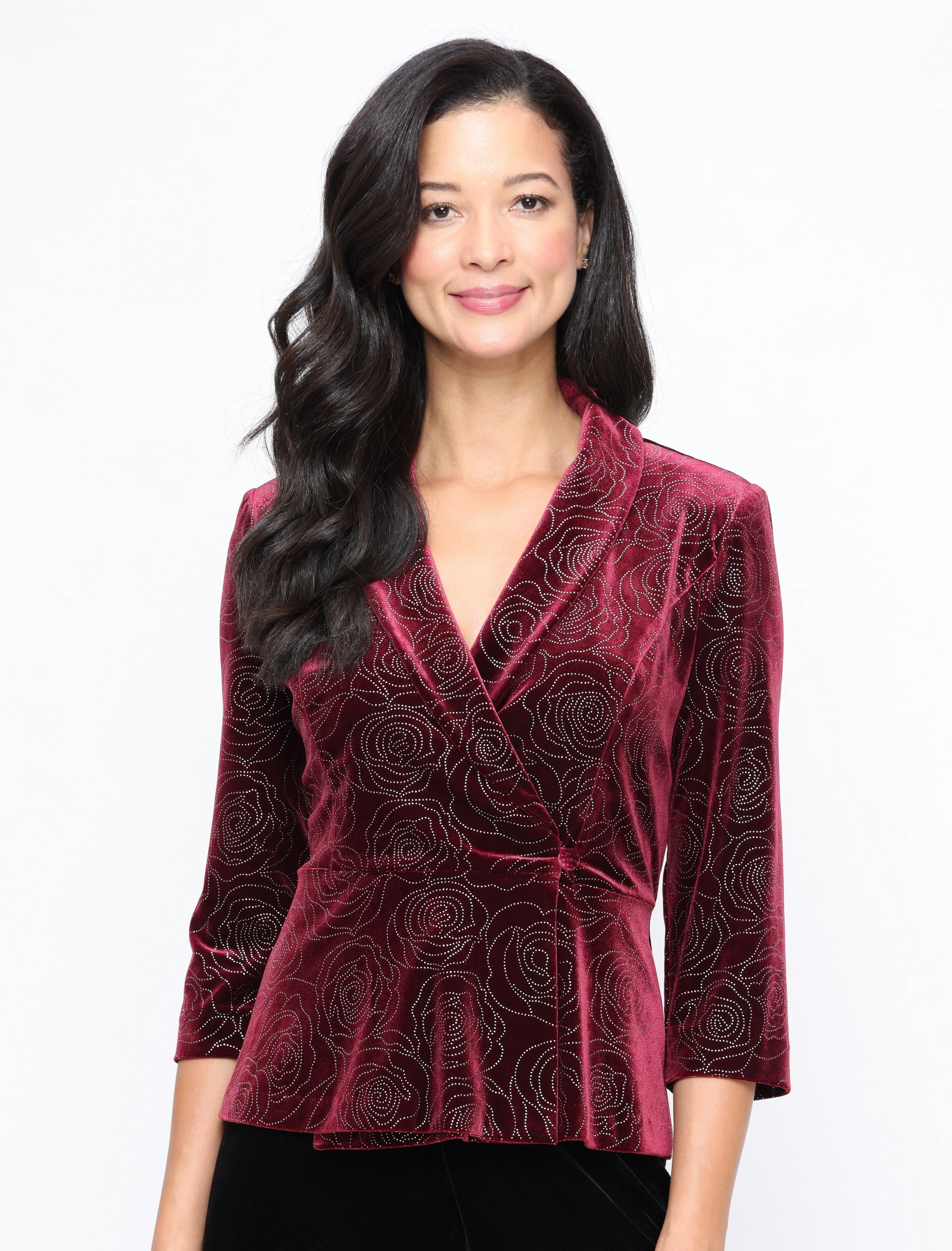 3/4 Sleeve Stretch Velvet Side Closure Blouse with Collar sold by Alex Evenings product image thumbnail 3