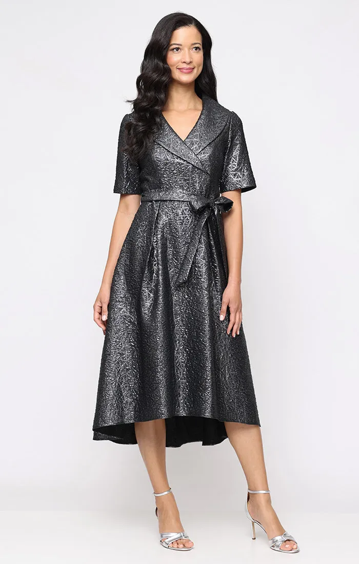 Petite - Midi Textured Jacquard A-Line Dress with Collar and Tie Waist sold by Alex Evenings