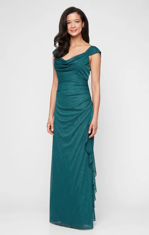 Plus - Sleeveless Glitter Mesh Dress with Cowl Neckline and Cascade Detail Skirt sold by Alex Evenings