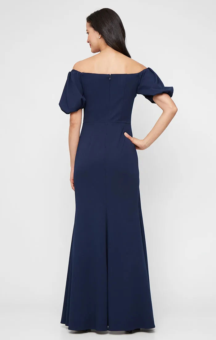 *Long Stretch Crepe Off the Shoulder Dress with Embellished Cascade Ruffle Detail at Waist and Puff Sleeves sold by Alex Evenings product image thumbnail 5
