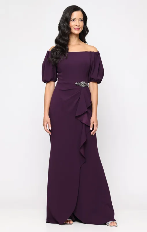 *Long Stretch Crepe Off the Shoulder Dress with Embellished Cascade Ruffle Detail at Waist and Puff Sleeves sold by Alex Evenings