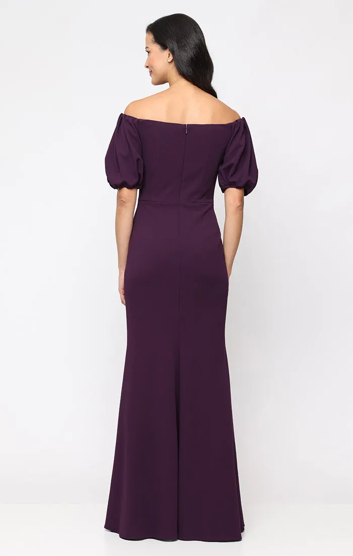 *Long Stretch Crepe Off the Shoulder Dress with Embellished Cascade Ruffle Detail at Waist and Puff Sleeves sold by Alex Evenings product image thumbnail 3