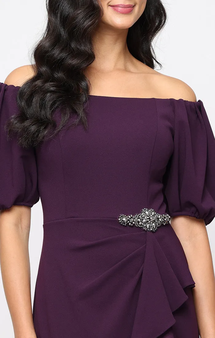 *Long Stretch Crepe Off the Shoulder Dress with Embellished Cascade Ruffle Detail at Waist and Puff Sleeves sold by Alex Evenings product image thumbnail 2