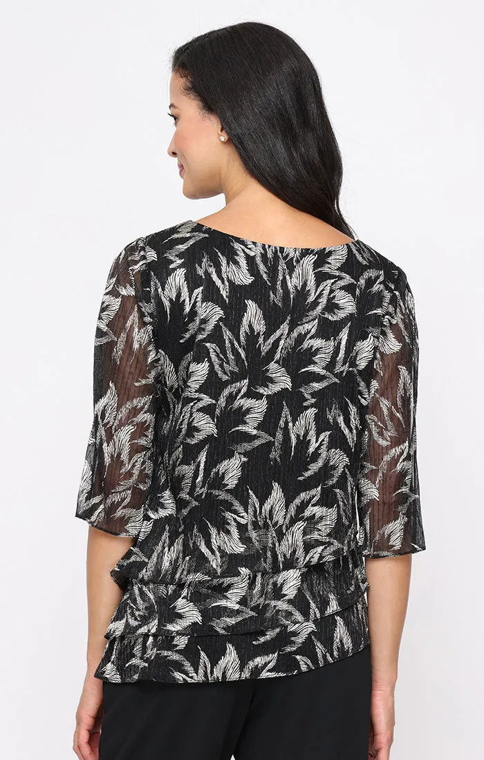 3/4 Sleeve Foil Blouse with Asymmetric Triple Tier Hem and Open Sleeve Detail sold by Alex Evenings product image thumbnail 2