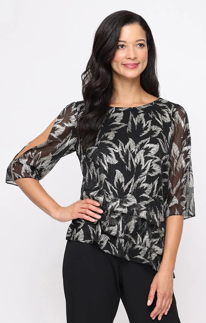 3/4 Sleeve Foil Blouse with Asymmetric Triple Tier Hem and Open Sleeve Detail sold by Alex Evenings