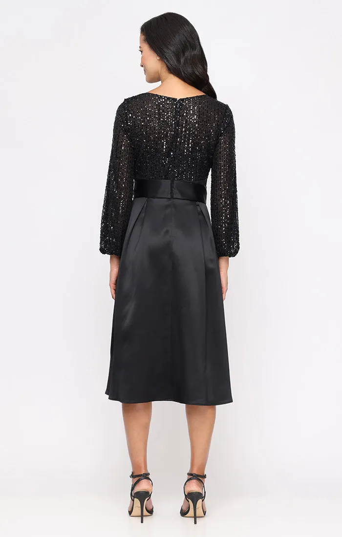 Midi A-Line Dress with Sequin Bodice, Satin Skirt and Tie Waist sold by Alex Evenings product image thumbnail 2