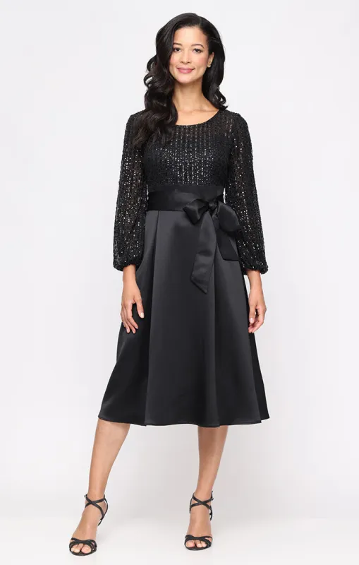 Midi A-Line Dress with Sequin Bodice, Satin Skirt and Tie Waist sold by Alex Evenings