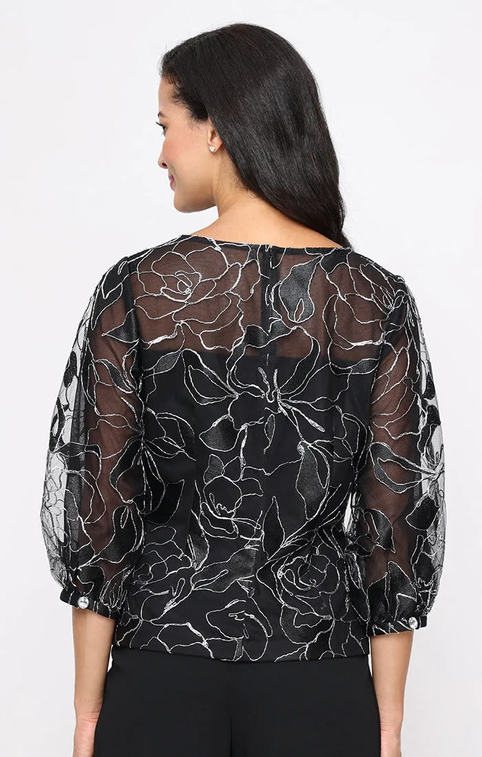3/4 Sleeve Embroidered Blouse with Illusion Neckline sold by Alex Evenings product image thumbnail 2