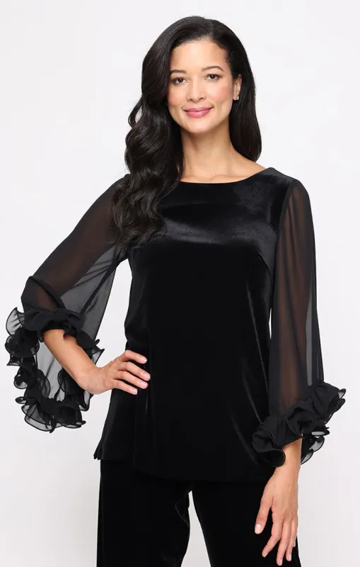 3/4 Sleeve Stretch Velvet Blouse with Illusion Ruffle Hem Sleeves sold by Alex Evenings