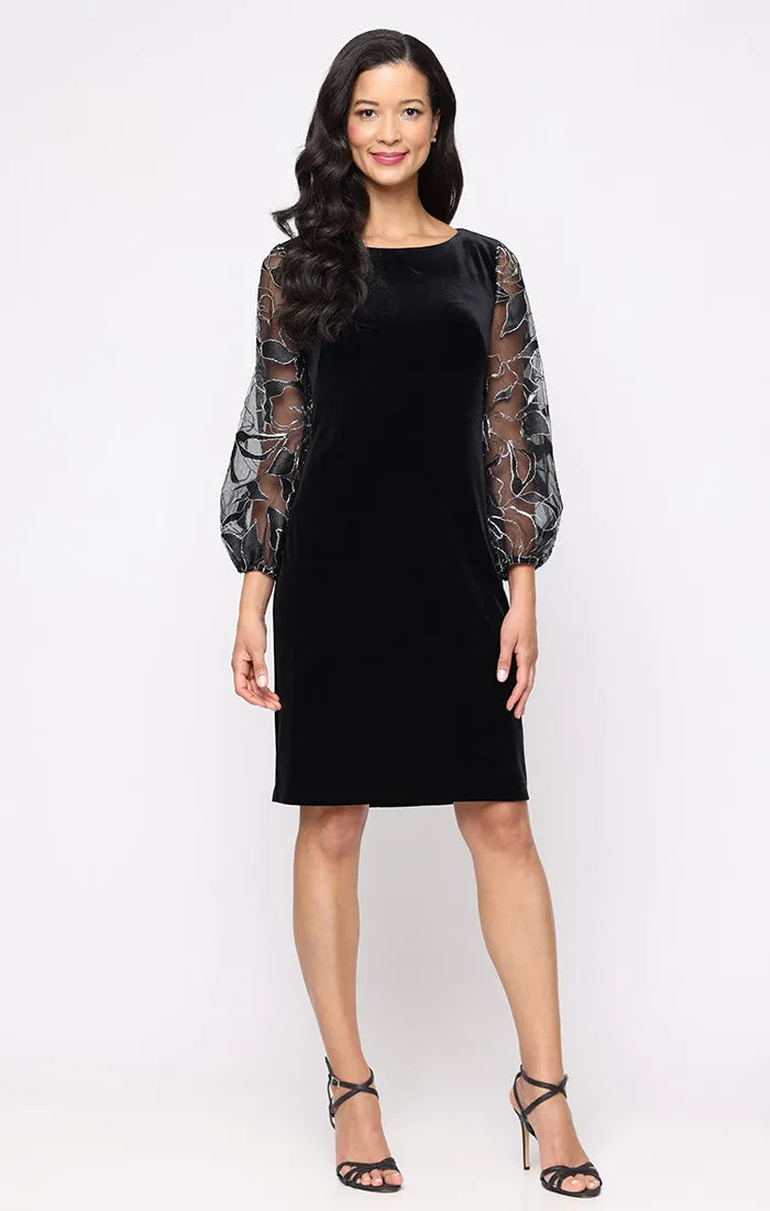 Short Stretch Velvet Sheath Dress with Embroidered Illusion Sleeves sold by Alex Evenings product image thumbnail 3