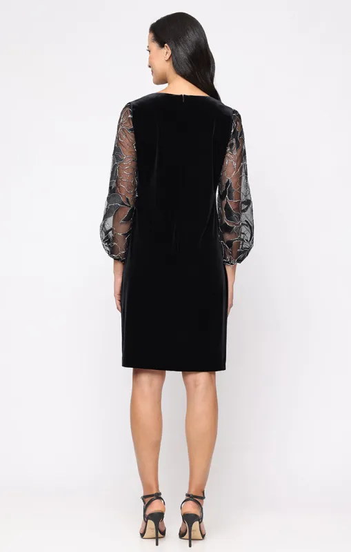 Short Stretch Velvet Sheath Dress with Embroidered Illusion Sleeves sold by Alex Evenings