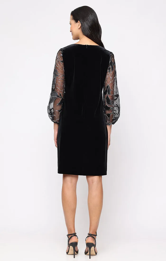Short Stretch Velvet Sheath Dress with Embroidered Illusion Sleeves sold by Alex Evenings