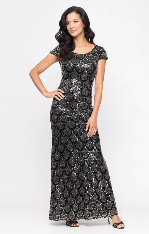 Long Cap Sleeve Sequin Dress with Scoop Neckline sold by Alex Evenings
