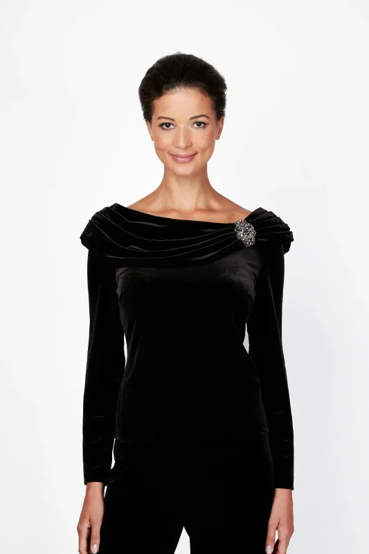 Long Sleeve Velvet Blouse with Ruched Collar Neckline & Decorative Broach sold by Alex Evenings