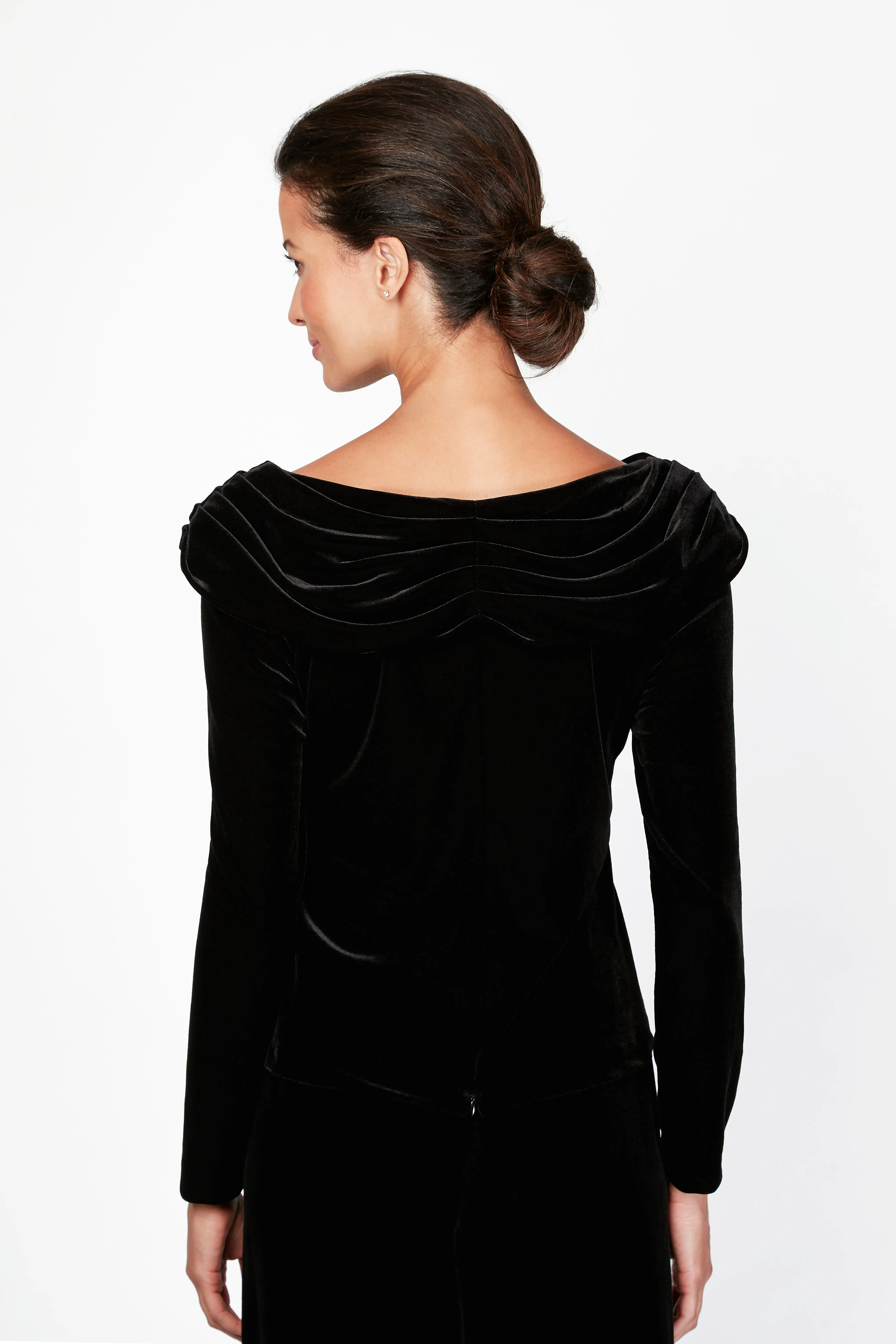 Long Sleeve Velvet Blouse with Ruched Collar Neckline & Decorative Broach sold by Alex Evenings product image thumbnail 2