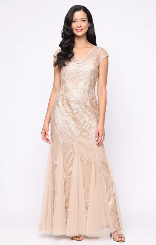 Long Embroidered Tulle V-Neck Dress with Godet Detail Skirt and Cap Sleeves sold by Alex Evenings