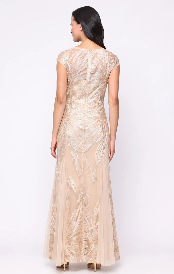 Regular - Long Embroidered Tulle V-Neck Dress with Godet Detail Skirt and Cap Sleeves sold by Alex Evenings product image thumbnail 2