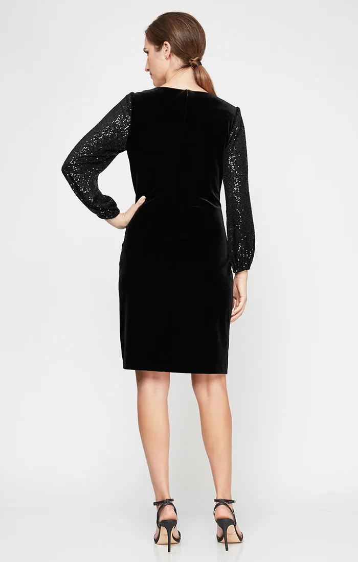 Petite - Short Velvet Sheath Dress with Long Sequin Bubble Hem Sleeves sold by Alex Evenings product image thumbnail 2