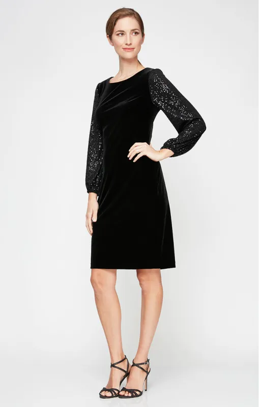 Petite Short Velvet Sheath Dress with Long Sequin Bubble Hem Sleeves sold by Alex Evenings