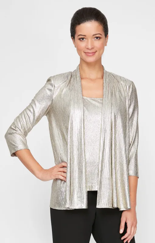 Petite 3/4 Sleeve Open Metallic Knit Twinset with Scoop Neck Tank sold by Alex Evenings