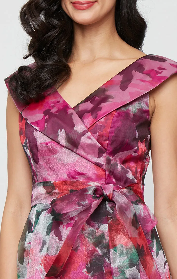 Long Sleeveless Printed Organza Ballgown with Portrait Collar Neckline and Tie Belt sold by Alex Evenings product image thumbnail 3