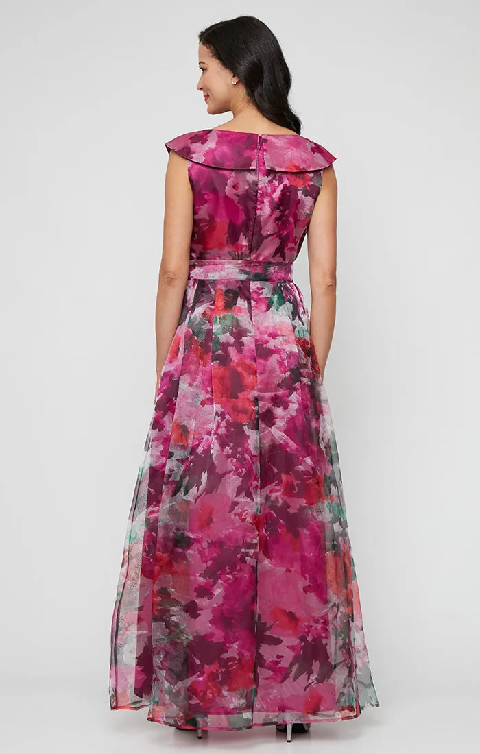 Long Sleeveless Printed Organza Ballgown with Portrait Collar Neckline and Tie Belt sold by Alex Evenings product image thumbnail 2