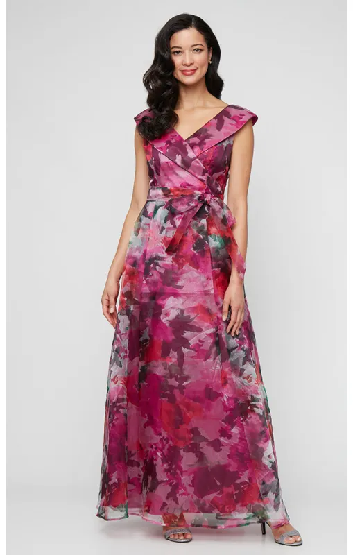 Long Sleeveless Printed Organza Ballgown with Portrait Collar Neckline and Tie Belt sold by Alex Evenings