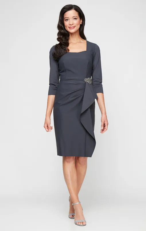 Regular - Square Neck Sheath Contour Dress with Embellished Hip Detail and Cascade Skirt\ sold by Alex Evenings