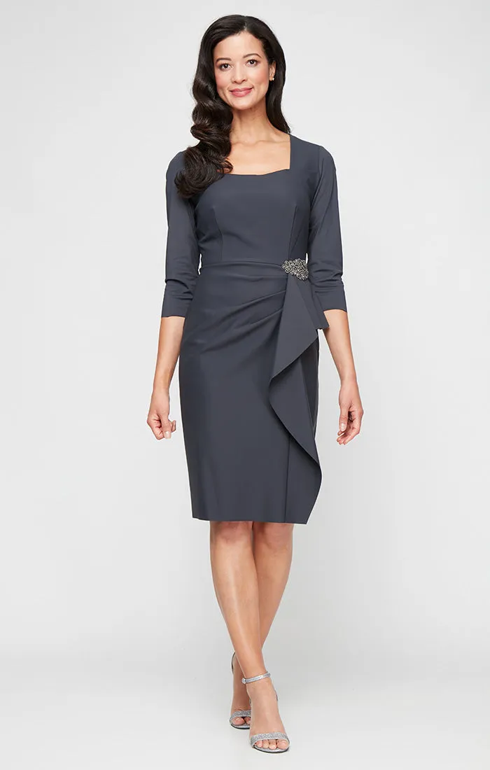 Regular - Square Neck Sheath Contour Dress with Embellished Hip Detail and Cascade Skirt\ sold by Alex Evenings