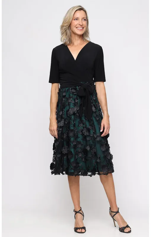 Midi A-Line Dress with 3-D Flower Skirt, Surplice Jersey Bodice, Elbow Sleeves and Tie Waist sold by Alex Evenings