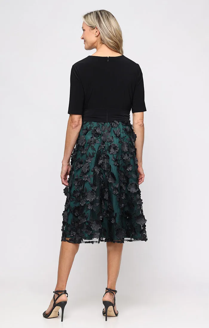 Midi A-Line Dress with 3-D Flower Skirt, Surplice Jersey Bodice, Elbow Sleeves and Tie Waist sold by Alex Evenings product image thumbnail 2