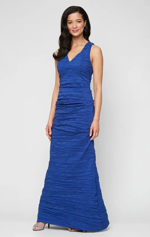 Long Sleeveless Crinkle Stretch Taffeta Dress with V-Neckline sold by Alex Evenings