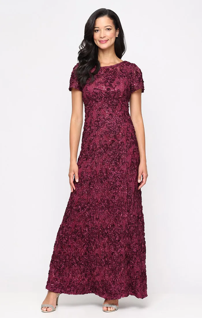 Petite Long Soutache A-Line Dress with Short Sleeves and Illusion Neckline sold by Alex Evenings