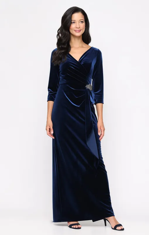 Petite Velvet Dress with Surplice Neckline and Embellished Cascade Detail Skirt sold by Alex Evenings