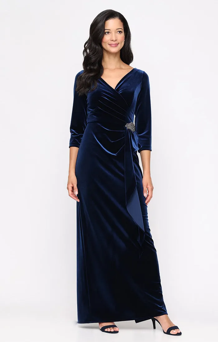 Petite Velvet Dress with Surplice Neckline and Embellished Cascade Detail Skirt sold by Alex Evenings