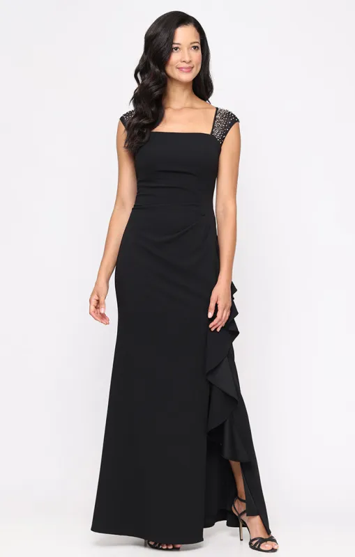 Petite Long Sleeveless Square Neck Dress with Heatset Illusion Neckline and Cascade Ruffle Skirt sold by Alex Evenings