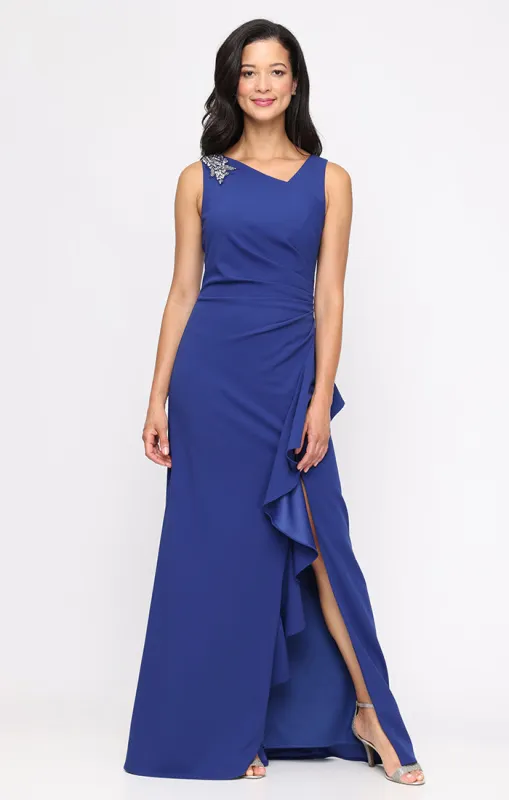Long Stretch Crepe Dress with Embellished L-Neckline and Cascade Detail Skirt sold by Alex Evenings