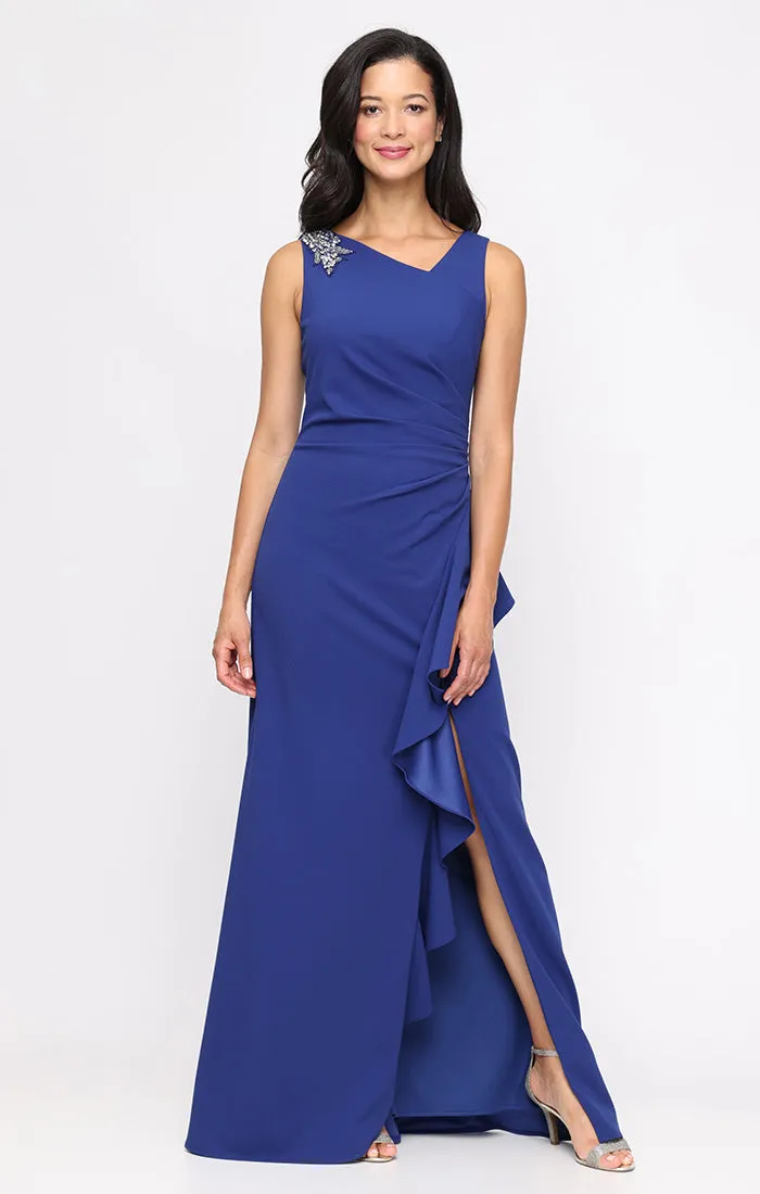 Regular - Stretch Crepe Dress with Embellished L-Neckline and Cascade Detail Skirt sold by Alex Evenings