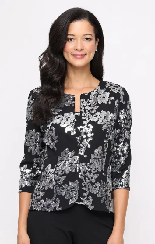 3/4 Sleeve Sequin Stretch Crepe Twinset with Scoop Neck Tank and Center Front Button Jacket Closure sold by Alex Evenings