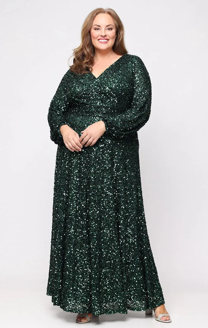 Plus Long Sequin A-Line Dress with V-Neckline and Long Bubble Hem Sleeves sold by Alex Evenings