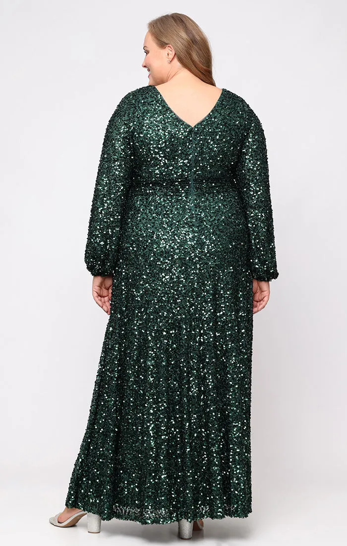 Plus Long Sequin A-Line Dress with V-Neckline and Long Bubble Hem Sleeves sold by Alex Evenings product image thumbnail 3